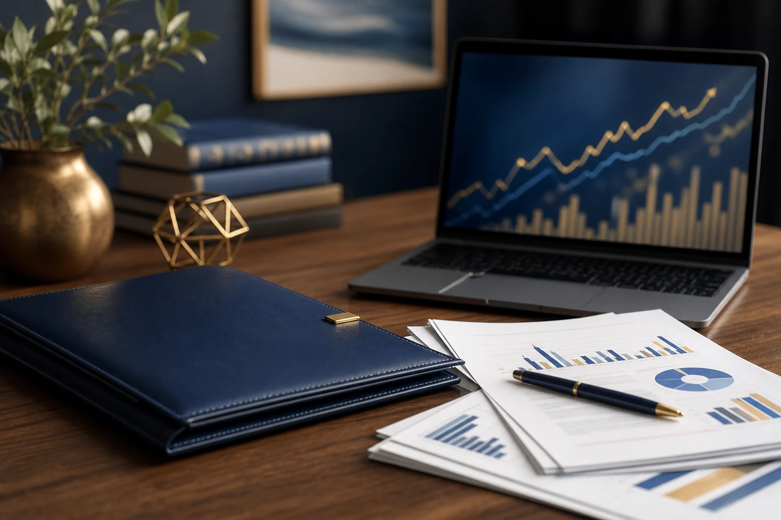 Documentos financieros y una computadora portátil que muestra gráficos de mercado, representando la valoración y divulgación de las criptomonedas en un divorcio de Florida