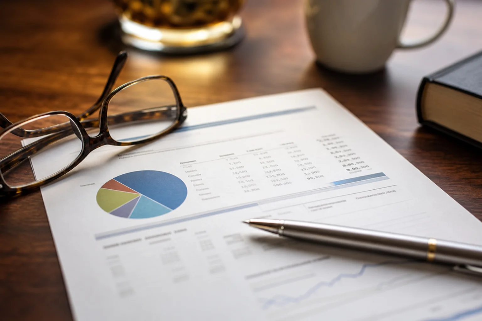 Retirement account statement with a pie chart, reading glasses, and a pen, representing tax planning when dividing retirement accounts in a Florida divorce