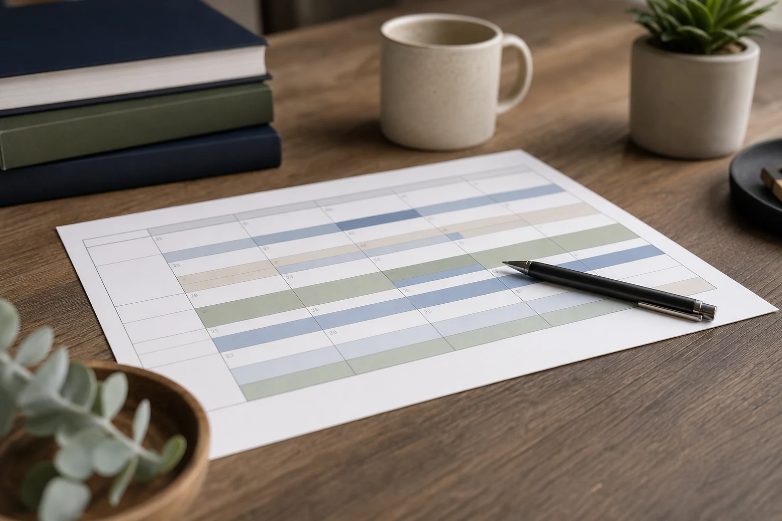 A color-coded parenting time calendar and pen, representing a permanent Florida parenting plan built after a domestic violence custody case
