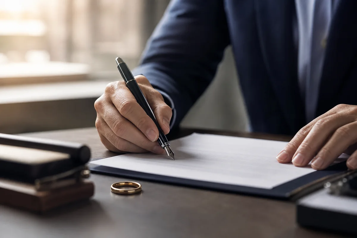 Documentos de un acuerdo de divorcio y un bolígrafo sobre un escritorio que representan la división de la deuda matrimonial en un divorcio de Florida